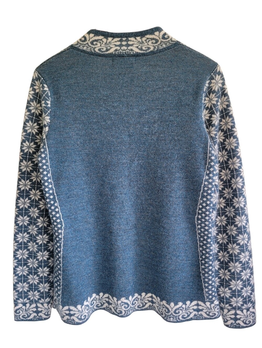 100% Alpaca Blue & White Nordic Pattern Knit Full Zip Cardigan Womens - Picture 2 of 5